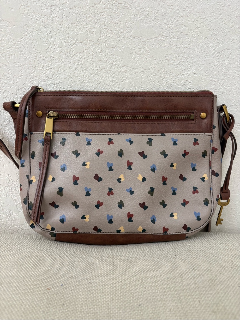 Fossil Farrah Crossbody Bag Heart Print Leather Trim Purse Y2K 2000s Zip